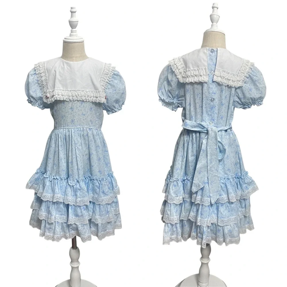 Vintage Golden Age Formal Dress Size 8 Blue & White‎ Ruffled Lace Round Tiered